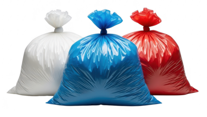 Three colored garbage bags in a row isolated on transparent background