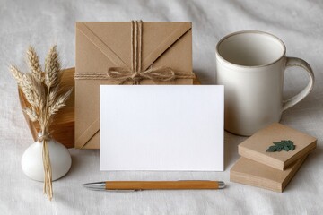 Cozy scene with gift boxes a blank card pen and mug on a textured surface