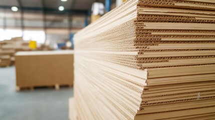 Obraz premium Large stacks of corrugated cardboard sheets in a warehouse ready for use in packaging and shipping operations