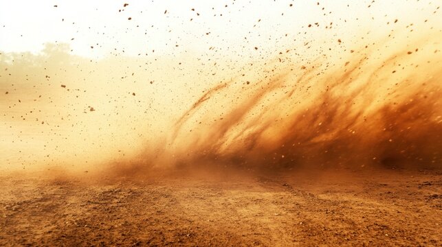 A dramatic dust devil swirls and kicks up particles across a vast dry plain under an overcast sky