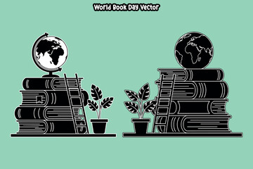 World Book Day Black and White Vector Showing Books, Globe and Academic Learning Symbols in Flat Style
