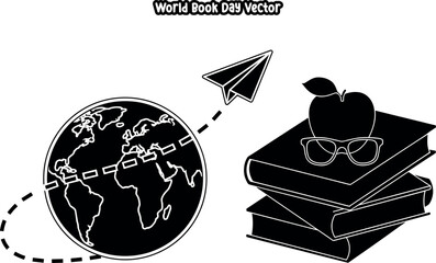 Reading and Education World Book Day Vector Illustration with Stacked Books and Global Knowledge Elements
