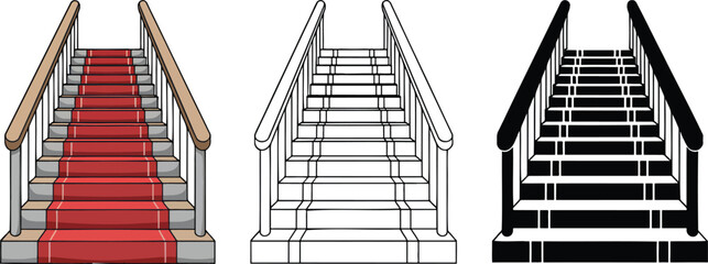 Staircase silhouette & Outline and illustration set isolated on transparent background