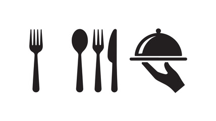 Dining Utensils and Serving Dish in Simple Silhouette Style with Black Color on White Background for Restaurant Menu