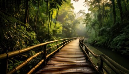 Wooden Boardwalk Path Through Lush Green Tropical Rainforest with Sunbeams.