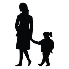 Silhouette of a mother with a child walking. Silhouette of mother and child vector. Mother's Day silhouette, mother's love. Vector illustration