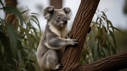 Obraz premium Eye-level shot of a solitary koala, older than a joey, on a thick tree trunk, conveying peaceful contemplation. Ideal for wildlife conservation, nature documentaries, Australian tourism,
