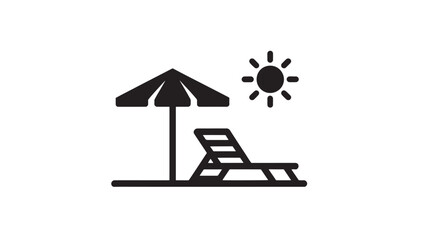 Beach chair and umbrella in simple flat design with black silhouette and bright sunny weather for travel icon