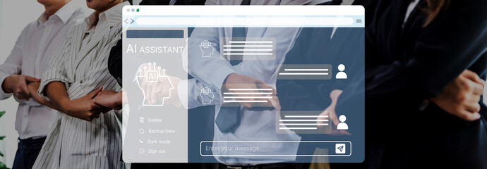 A diverse group of professionals engages with AI technology, showcasing communication and collaboration in a modern business environment for enhanced productivity. Trope