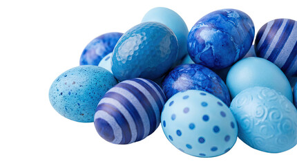 Blue and patterned easter eggs arranged together in a visually appealing manner isolated on a neutral background with png background