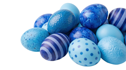 Blue and patterned easter eggs arranged together in a visually appealing manner isolated on a neutral background with png background