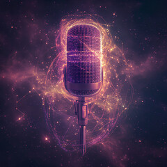 A futuristic neon microphone floating in deep space, glowing with electric blue, hot pink, and violet lines. Intricate digital circuit patterns spiral around the mic, radiating light. The background f