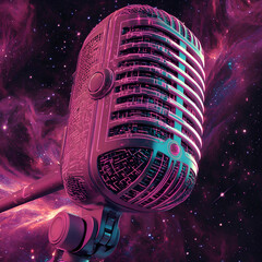 A futuristic neon microphone floating in deep space, glowing with electric blue, hot pink, and violet lines. Intricate digital circuit patterns spiral around the mic, radiating light. The background f