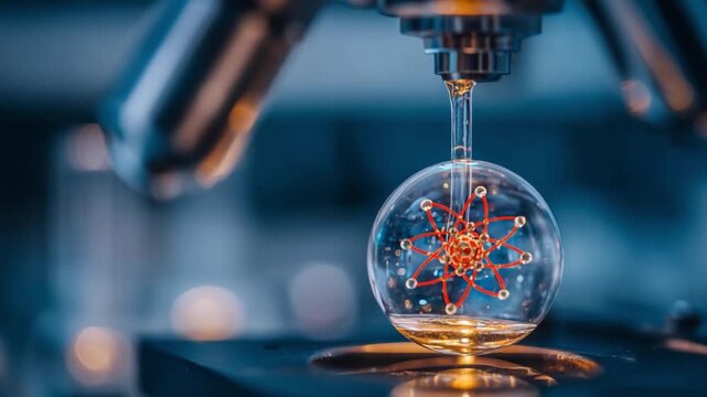 Scientific Precision: A meticulously crafted scene captures the essence of scientific exploration and innovation with a close-up of a glass sphere under a microscope.