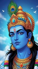 Fototapeta premium Shiva Hindu god blue skin ornate gold crown