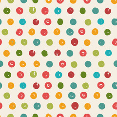 Colorful seamless polka dot pattern with hand drawn rough circles. Playful multicolored dots create a funky abstract background for kids&rsquo; designs, wrapping paper, fabric prints,Y2K-style illustration