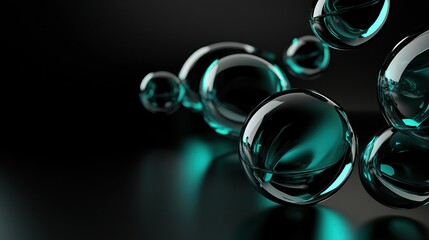Teal spheres floating, dark background, abstract, technology