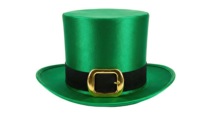 Green top hat with a shiny finish and a black band featuring a gold buckle ready for compositing on white and transparent background