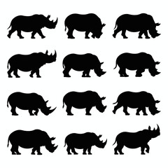 Collection of rhino silhouettes isolated on white background, Vector, illustration