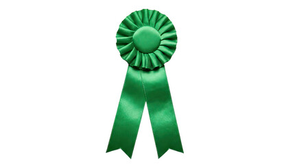 Green award ribbon with a circular center and flowing tails displayed prominently against a plain background isolated on white