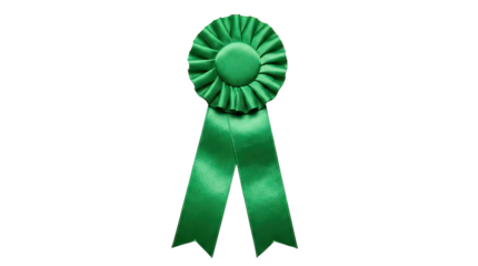 Green award ribbon with a circular center and flowing tails displayed prominently against a plain background isolated on white