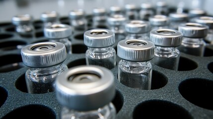 Rows of clear plastic vials with silver crimp caps organized in laboratory trays for scientific research and testing