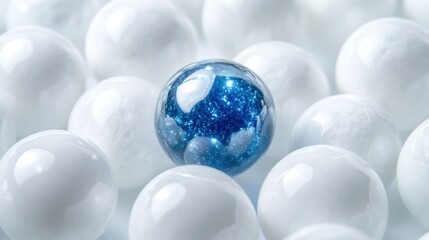 Blue glass sphere among white spheres, unique, different, concept