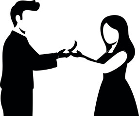 Black silhouette of a man and woman pulling a piece of paper in opposite directions