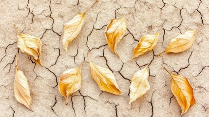 Scattered dried brittle autumn leaves on cracked dry earth ground surface