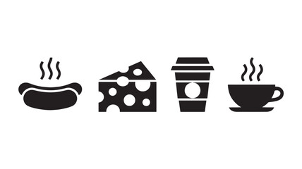 Hot breakfast food icons in simple flat design with black color on white background for food blog