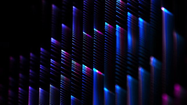 Light pattern with glowing pixels and dynamic diagonal lines on black background. Abstract concept of data flow, artificial intelligence (AI) and sound waves. Colorful digital background, looped 4K