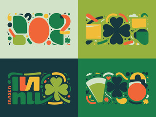 A collection of four square graphics featuring abstract shapes and Irish themed symbols for celebration