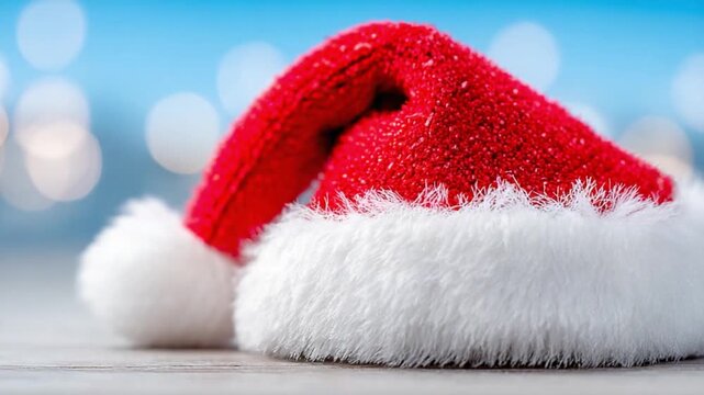 Christmas Cheer: A vibrant close-up of a festive red and white Santa hat, inviting warmth and the spirit of the season.