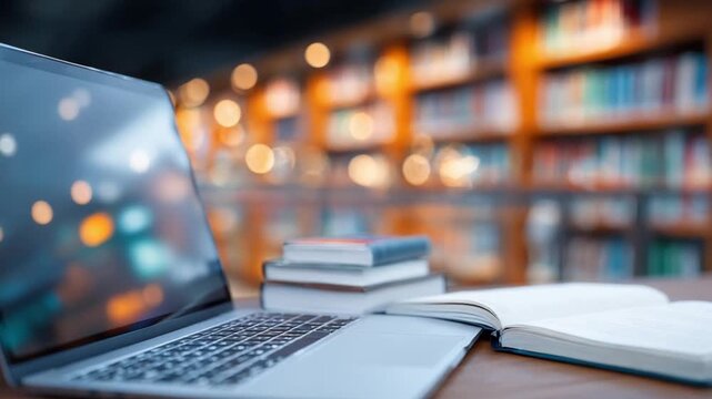 Digital Learning in Library: An open laptop sits in a cozy library setting alongside a stack of books and a notebook, against a soft backdrop of bookshelves, suggesting a space for research, reading.