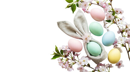 Pastel colored easter eggs nestled in a soft bunny ear surrounded by delicate pink isolated on a neutral background with png background