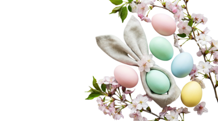 Pastel colored easter eggs nestled in a soft bunny ear surrounded by delicate pink isolated on a neutral background with png background