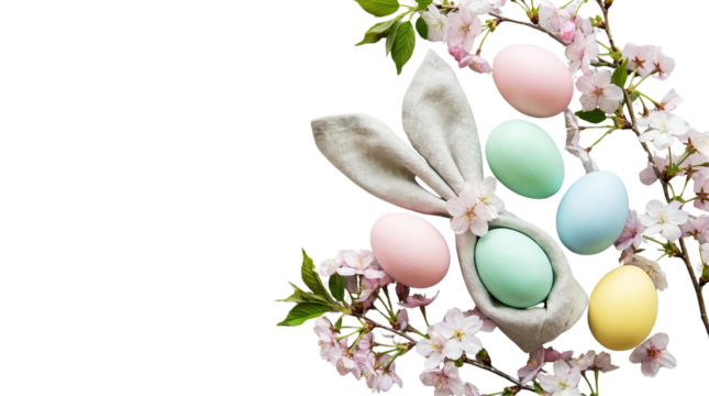 Pastel colored easter eggs nestled in a soft bunny ear surrounded by delicate pink isolated on a neutral background with png background - Powered by Adobe
