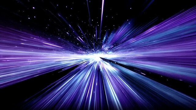 Blue and purple light streaks and particles race toward a bright vanishing point