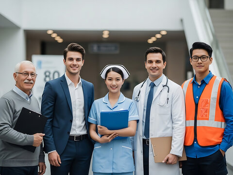 Diverse team of medical and business professionals representing healthcare and corporate sectors sta