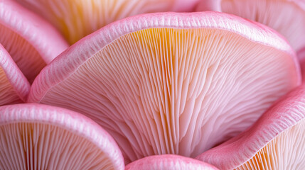 Digitally enhanced macro of mushroom cap gills in warm pink and yellow tones, showcasing abstract organic patterns, smooth textures, and radiant light for artistic visuals