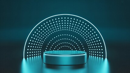 Futuristic teal podium with glowing neon arch for product showcase
