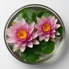 Two delicate pink water lilies with vibrant yellow centers float serenely in a clear glass bowl surrounded by green lily pads