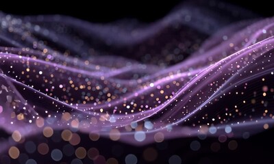 Video showcases flowing purple and black abstract light trails with sparkling particles moving dynamically across the scene - Powered by Adobe