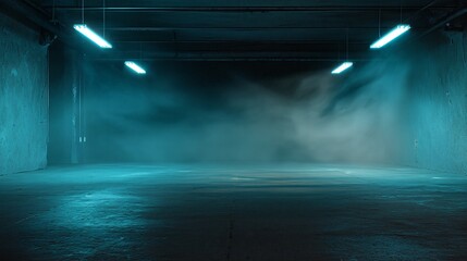 Dark warehouse interior with blue lights and foggy atmosphere