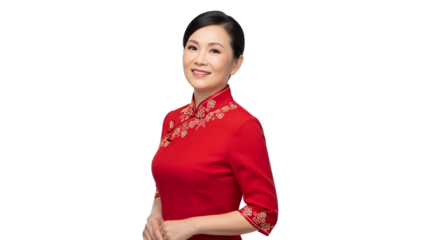 Elegant East Asian woman in a vibrant red traditional Chinese cheongsam with gold embroidery, smiling confidently against a white background.