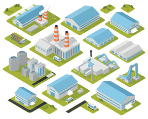Obraz premium A collection of isometric industrial factory buildings and related structures are depicted.
