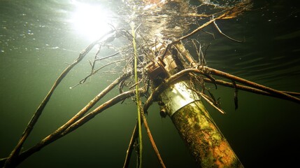 Sunlight filters through tangled submerged roots and branches in a dark underwater environment