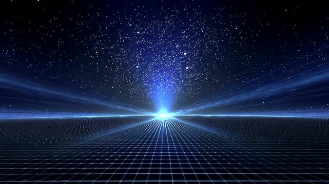 Abstract grid landscape receding under a star-filled sky with a bright blue glow