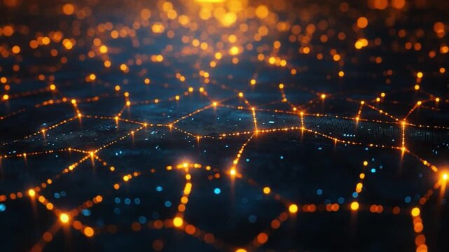 Digital Network Illuminated: A mesmerizing visualization of an intricate digital network, bathed in a warm, ethereal glow, symbolizing the interconnectedness and fluidity of modern data.