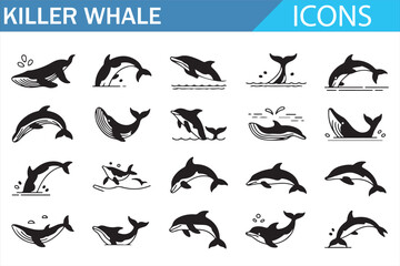Killer whale silhouette icons set for marine biology and ocean concepts © MDSUMON